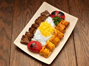 Basmati rice, lamb and chicken kabobs