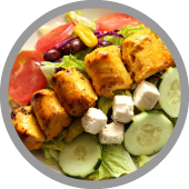 Fresh Moby Dick kabob salad with feta cheese