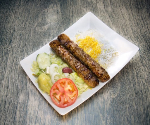 Kubideh served with rice and salad
