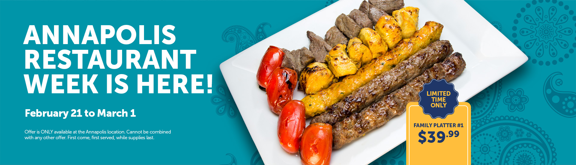 Moby Dick House of Kabob's Family Platter #1 Now $39.99 for Annapolis Restaurant Week.