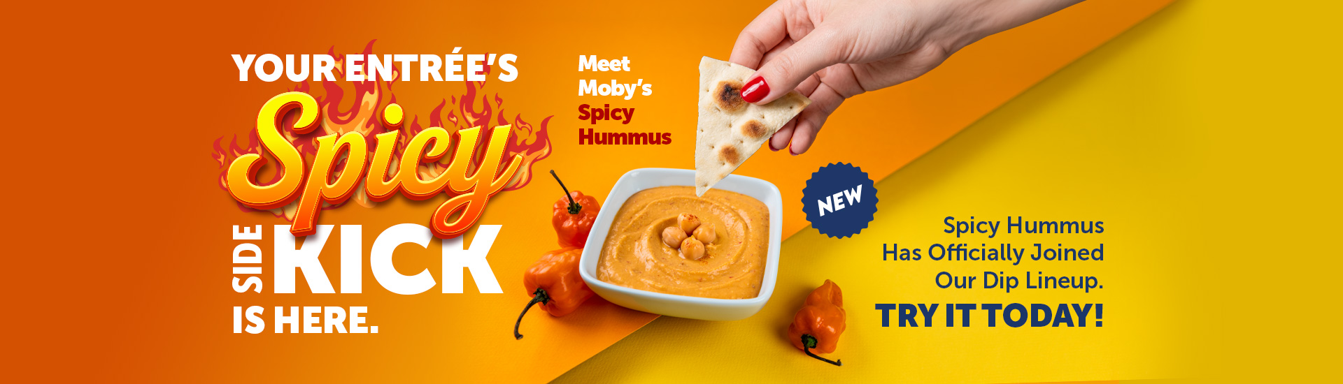 Your Entrée’s Spicy Side Kick is Here. Spicy Hummus Has Officially Joined Our Dip Lineup. Try it today!